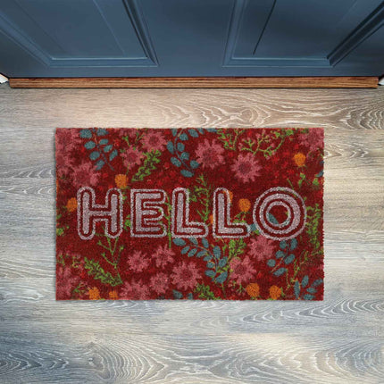 Paillasson en fibre de coco "Hello" avec fleurs