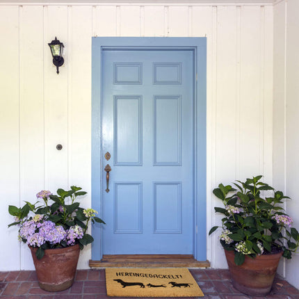 Door mat in coconut "Hereingedackelt"