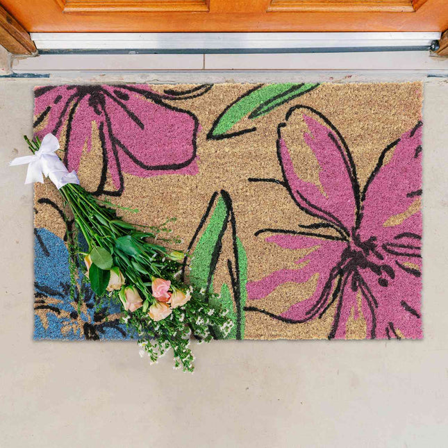 Fußmatte aus Kokosnuss mit floralen Motiven