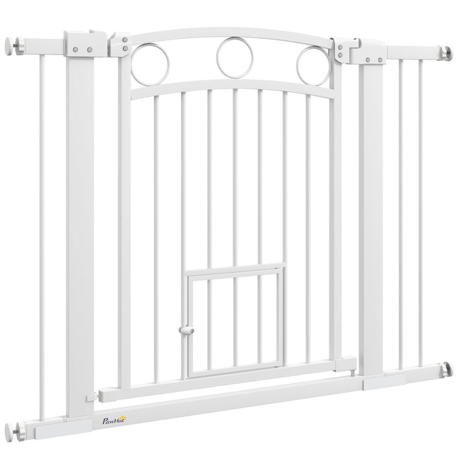 Lockable steel stair gate with cat door, 76-104 cm, White