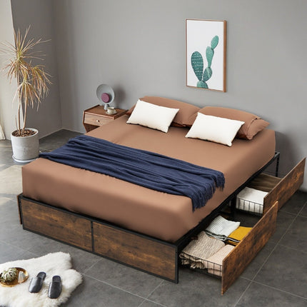 Doppelbettrahmen, robustes Metallbett mit 4 Schubladen, Holzsockel und Ende, rustikales Braun