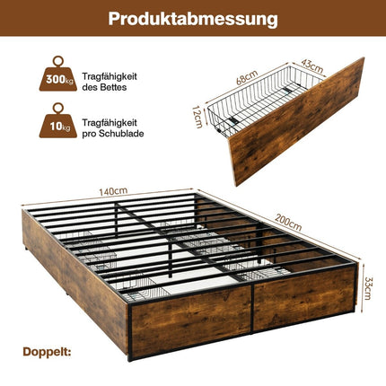 Doppelbettrahmen, robustes Metallbett mit 4 Schubladen, Holzsockel und Ende, rustikales Braun