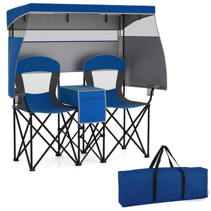 Doppelter Campingstuhl mit verstellbarem Sonnendach, Kühlbox und Becherhaltern