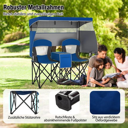 Doppelter Campingstuhl mit verstellbarem Sonnendach, Kühlbox und Becherhaltern