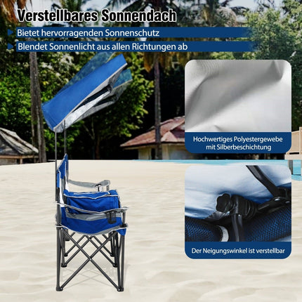 Doppelter Campingstuhl mit verstellbarem Sonnendach, Kühlbox und Becherhaltern