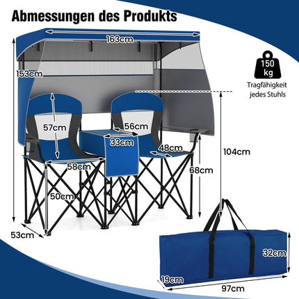 Doppelter Campingstuhl mit verstellbarem Sonnendach, Kühlbox und Becherhaltern