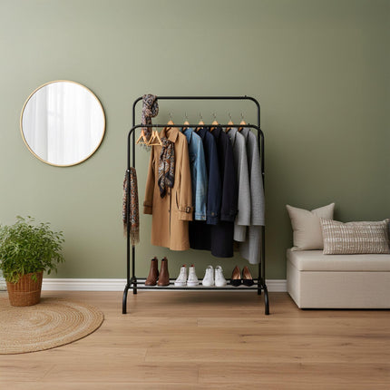Double Clothes Rail with Shelf – Metal, Freestanding