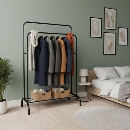 Double Clothes Rail with Shelf – Metal, Freestanding