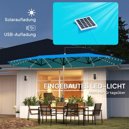 Doppelter Sonnenschirm mit Solar-LEDs, UV 50+ Aluminium - blau