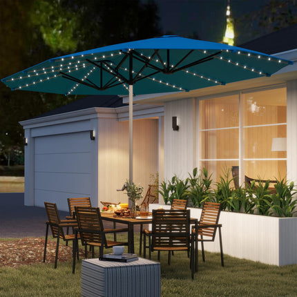 Doppelter Sonnenschirm mit Solar-LEDs, UV 50+ Aluminium - blau