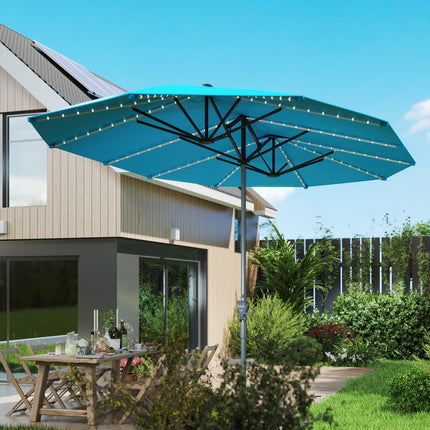 Doppelter Sonnenschirm mit Solar-LEDs, UV 50+ Aluminium - blau