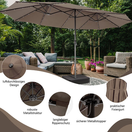 Dvojitý zahradní slunečník 470 x 280 cm, solární LED, stojan