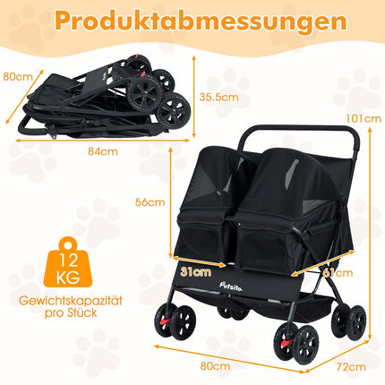 Doppelter Tierkinderwagen mit verstellbarem Sonnenschutz, Schwarz