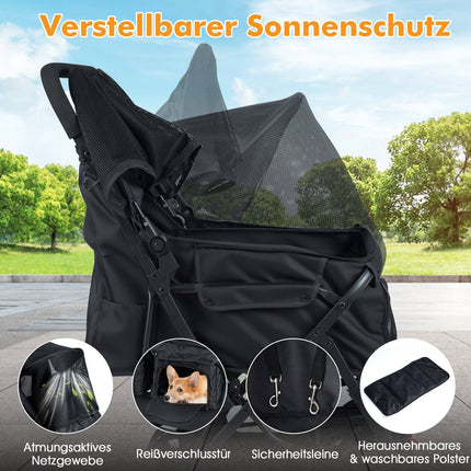 Doppelter Tierkinderwagen mit verstellbarem Sonnenschutz, Schwarz