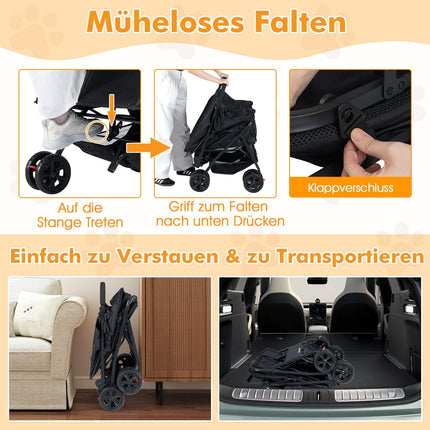 Doppelter Tierkinderwagen mit verstellbarem Sonnenschutz, Schwarz