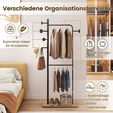 Double Rod Clothes Rack with Wood Hooks and Shelf