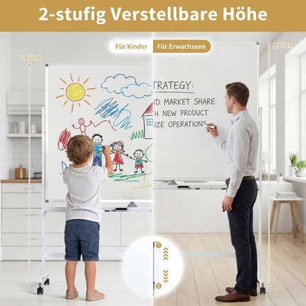 Doppelseitiges, verstellbares Whiteboard mit Ständer und Rollen