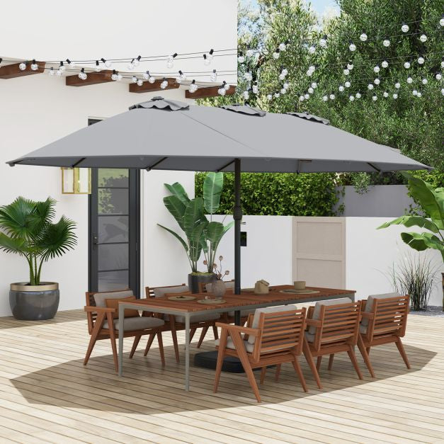 Doppelseitiger grauer Terrassenschirm mit Standfuß – Großer Sonnenschutz für den Außenbereich