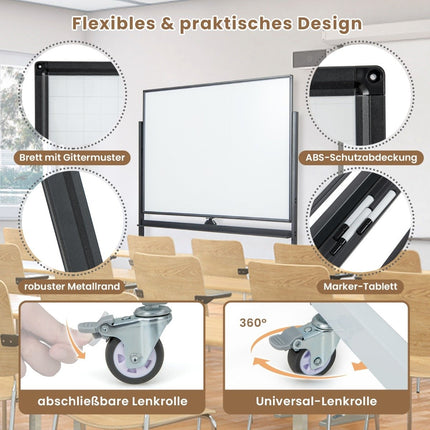 Doppelseitiges mobiles Whiteboard mit Gittermuster &amp; Ständer &amp; Stiftablage 120 x 90 cm schwarz