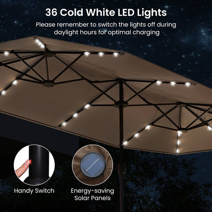 Double-Sided Parasol 4 x 2 m with 36 Solar LED Lights, Crank, Light Brown