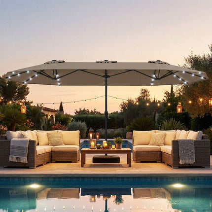 Double-Sided Parasol 4 x 2 m with 36 Solar LED Lights, Crank, Light Brown