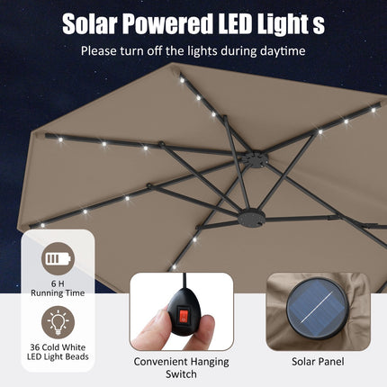 Doppelseitiger Sonnenschirm 4m mit Ständer, Solar-LED, Kaffee