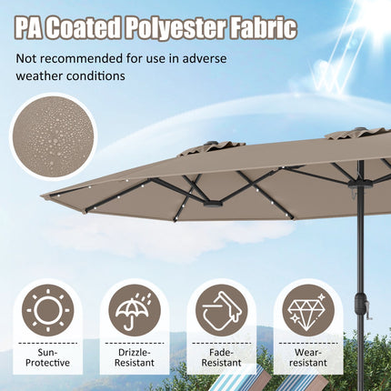 Doppelseitiger Sonnenschirm 4m mit Ständer, Solar-LED, Kaffee