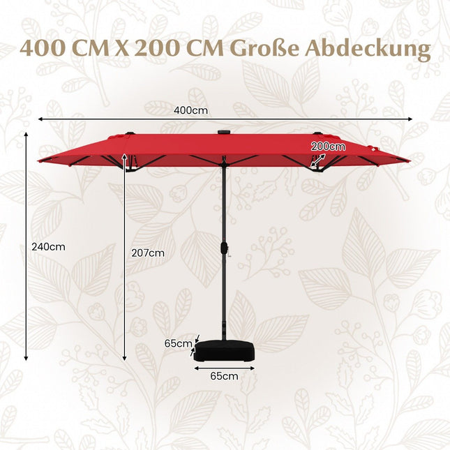 Doppelseitiger Terrassenschirm mit Ständer & LED-Beleuchtung, 400x200 cm