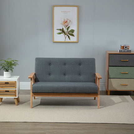 Kompaktes graues Leinen-Loveseat – 2-Sitzer, Gestell aus Kautschukholz