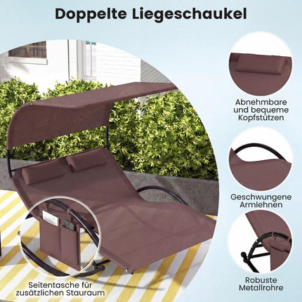 Doppelschaukel-Liege mit Sonnendach, Seitentasche, 2 Kopfstützen