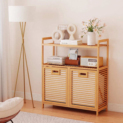 Double Tilt-Out Bamboo Laundry Hamper with Shelves