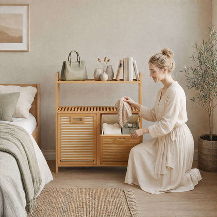 Double Tilt-Out Bamboo Laundry Hamper with Shelves