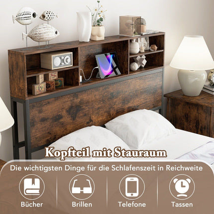 Double bed frame with charging station & compartments on the headboard bed frame with slatted frame bed frame