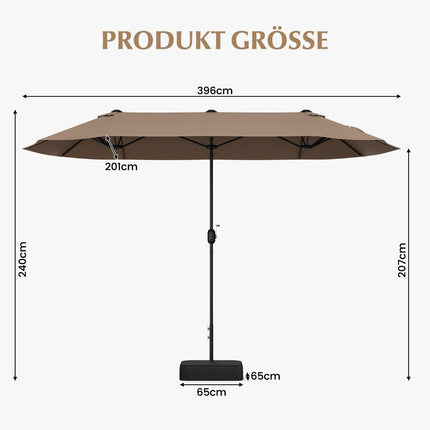 Double parasol with stand 400 x 200 cm parasol large XXL brown