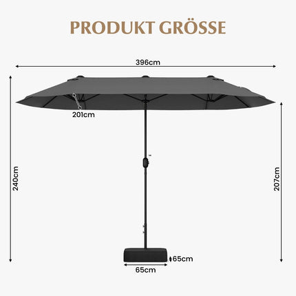 Dvojitý slunečník se stojanem 400 x 200 cm velký XXL šedá
