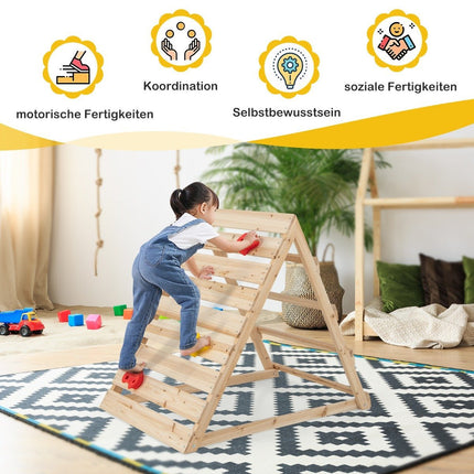 Double-sided climbing triangle wooden climbing toy with climbing rocks and climbing ladders 112 x 70 x 96 cm natural