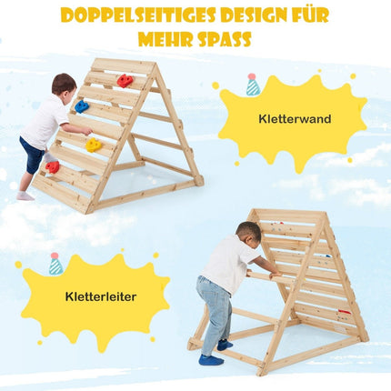 Double-sided climbing triangle wooden climbing toy with climbing rocks and climbing ladders 112 x 70 x 96 cm natural
