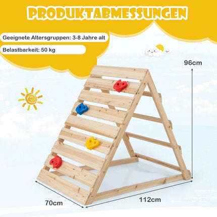 Double-sided climbing triangle wooden climbing toy with climbing rocks and climbing ladders 112 x 70 x 96 cm natural