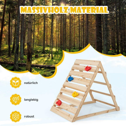 Double-sided climbing triangle wooden climbing toy with climbing rocks and climbing ladders 112 x 70 x 96 cm natural