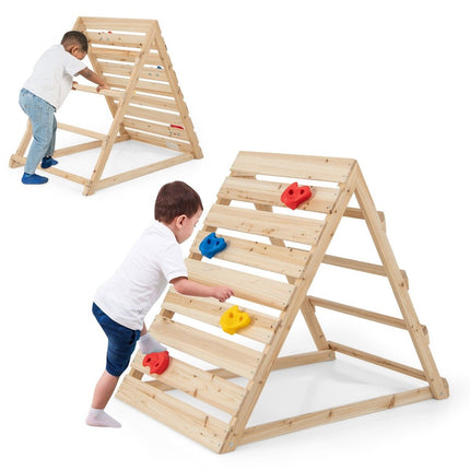 Double-sided climbing triangle wooden climbing toy with climbing rocks and climbing ladders 112 x 70 x 96 cm natural