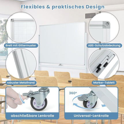 Doppelseitiges mobiles Whiteboard mit Gittermuster &amp; Ständer &amp; Stiftablage 120x90cm weiß