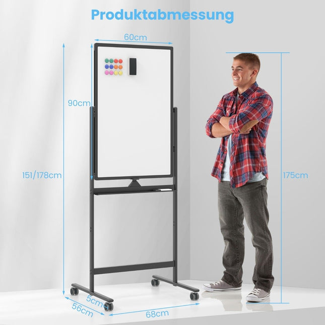 Doppelseitiges mobiles Whiteboard mit Stiftablage &amp; Zubehör für Schulbüro 60 x 90 cm schwarz