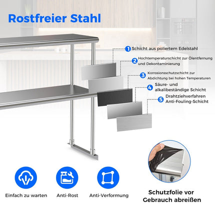Doppelstöckiges Oberregal Edelstahlregal mit verstellbarem Unterregal Mehrzweckregal Silber
