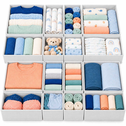 Drawer Organiser Boxes 16-Piece Set in 3 Sizes, Light Grey, Non-Woven Fabric