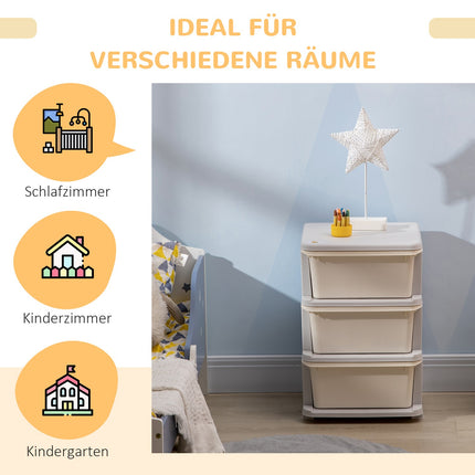 Ladekast voor kinderen met opbergruimte, opbergdozen, speelgoedorganizer, speelgoeddoos, drie niveaus voor kinderkamers, 3-6 jaar, kindermeubels, crèmewit, 37 x 37 x 56,5 cm Aosoom
