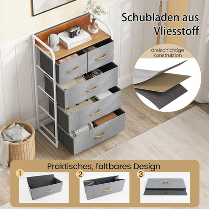 Ladekast met 5 stoffen laden & stalen frame & houten oppervlak ladekast grijs
