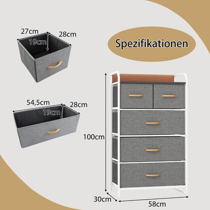 Ladekast met 5 stoffen laden & stalen frame & houten oppervlak ladekast grijs
