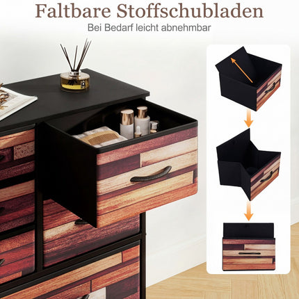 Kommode mit 11 Stoffschubladen, Metallrahmen, Holzplatte