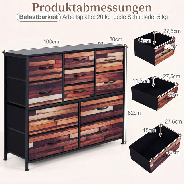Kommode mit 11 Stoffschubladen, Metallrahmen, Holzplatte