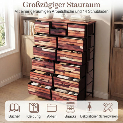 Commode met 14 stoffen lades, metalen frame en houten blad.